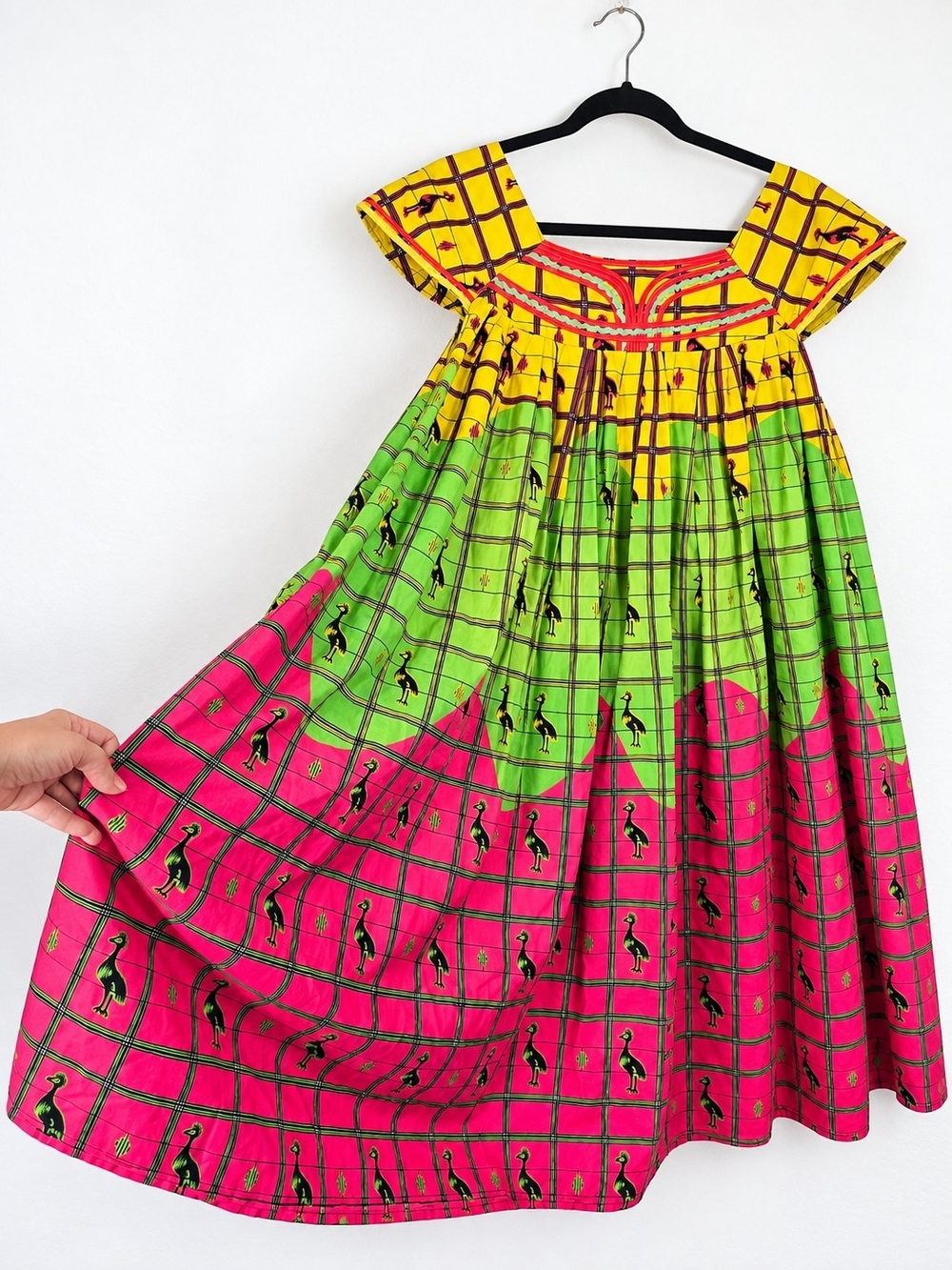 Vintage 1970s Neon Ostrich Plaid Dress Boho Folk Art Cottagecore Maximalist Plus
